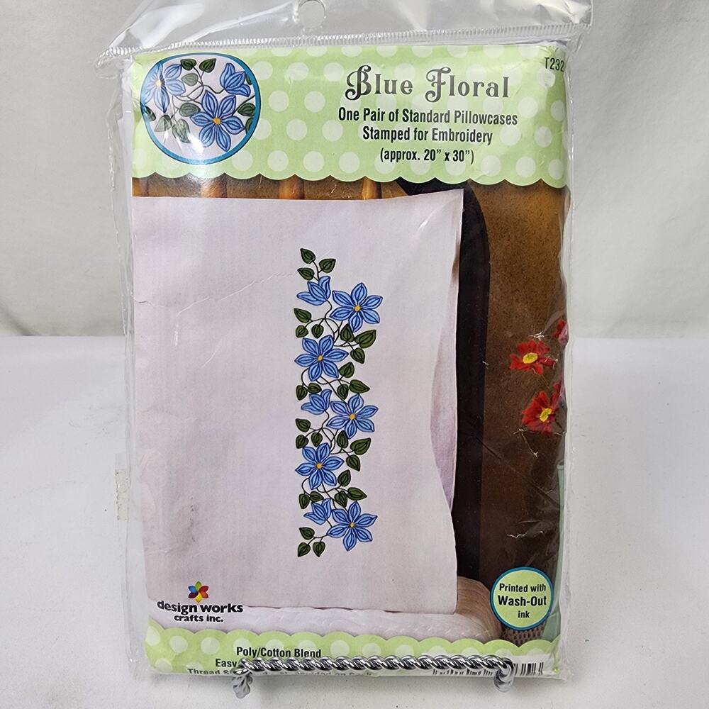Design Works Crafts #T232135 “Blue Floral” Embroidery Stamped Pillowcases Kit